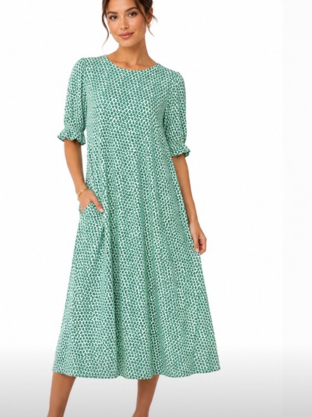 Biden size 10 Green Printed Midi Dress - Lightweight Casual Style shift dress‎